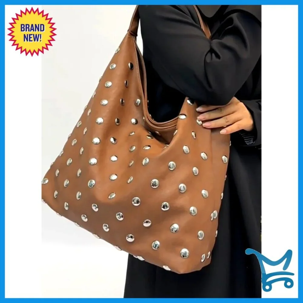 Studded Vegan Leather Hobo Shoulder Bag Tote Purse Large Capacity - Picture 7 of 7